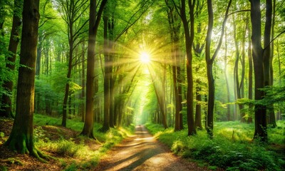 Obraz premium Lush Green Forest Path with Sunlight Streaming Through Trees