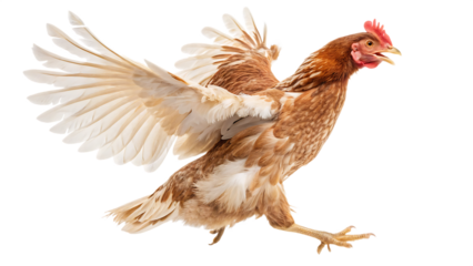 chicken hen jumping and flying isolated on white background, PNG