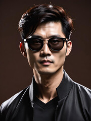 Obraz premium asian man in a black jacket and glasses posing