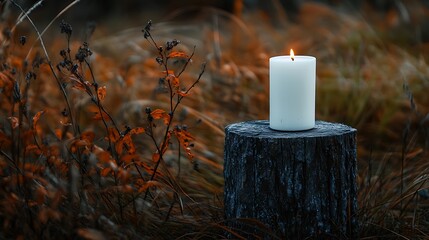 Serene candlelit woodland scene at dusk on rustic tree trunk perch