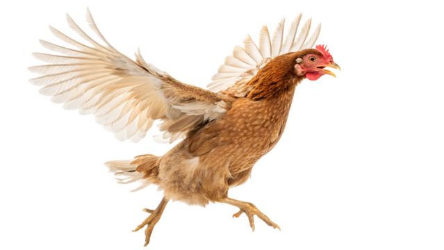 chicken hen jumping and flying isolated on white background, PNG