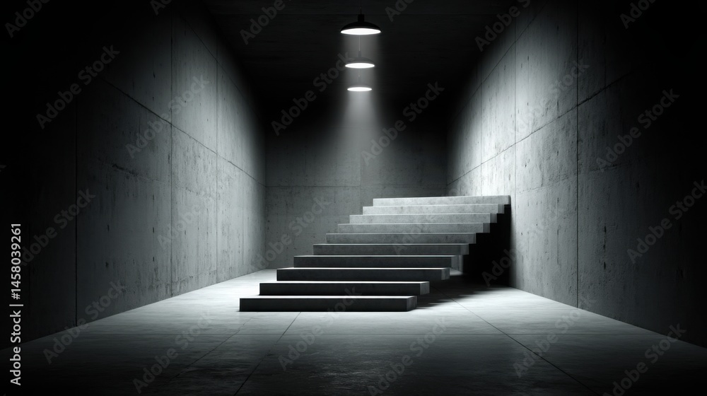 Poster dark room with a stairway leading upwards to a bright light creating a mysterious and captivating at