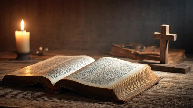 Sacred Illumination: An open bible rests alongside a wooden cross and a lit candle, casting a warm, reverent glow across the aged pages, symbolizing faith and spirituality.