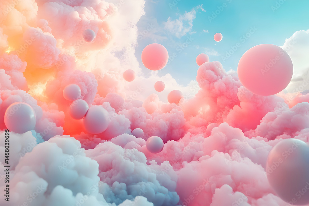 Poster pastel-colored cloudscape with floating spheres.