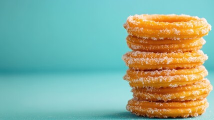 Stack of fresh, fried churro rings covered in sugar, on teal backdrop. Perfect for food blogs, recipes, or Mexican dessert promotions.