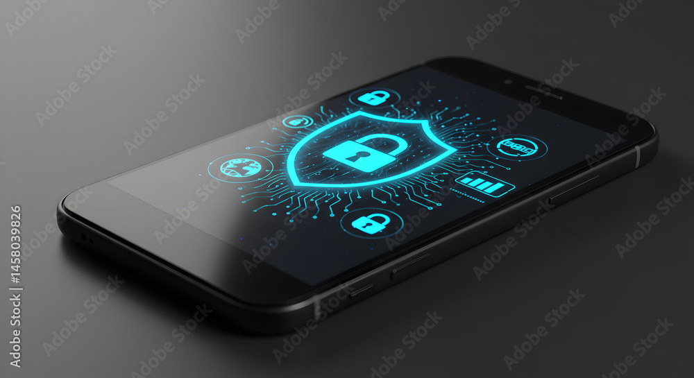 Poster black smartphone displaying blue digital shield with padlock icon on gray background for security an