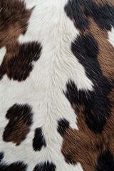 Close-up of cowhide with white, brown, and black patches showcasing natural fur texture.