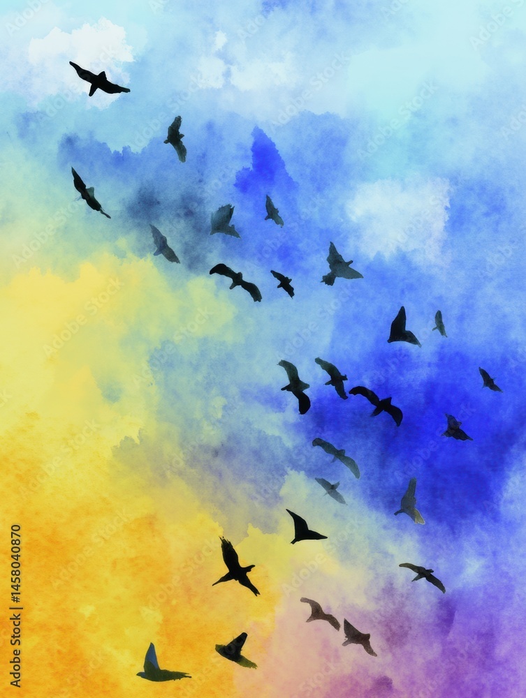 Aufkleber colorful watercolor depiction of birds soaring through a vibrant sky filled with soft clouds during 