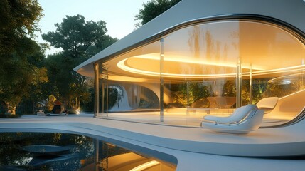 Fototapeta premium Futuristic modern home with a transparent curved structure amidst lush greenery