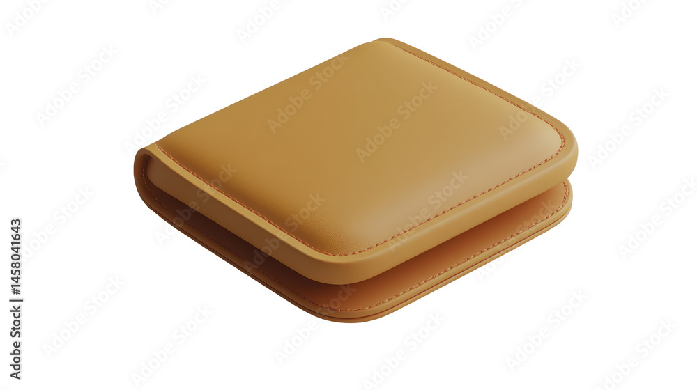 Poster three-dimensional rendering of a light tan leather wallet displayed in an isometric perspective, sho
