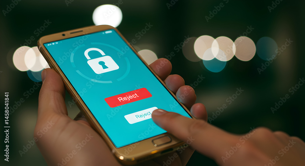 Poster close up of gold smart phone with security lock screen and bokeh background featuring hand holding p