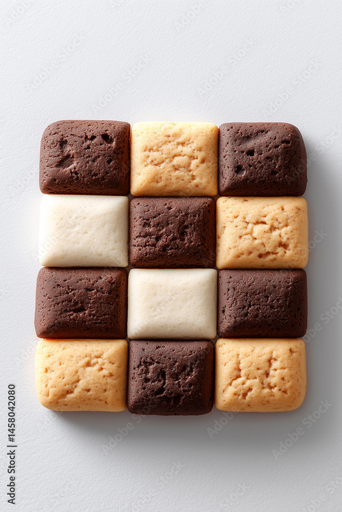 Poster checkerboard cookies are arranged neatly in a square on a clean white background. this minimalistic 