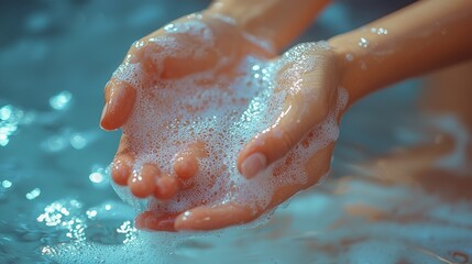 Close-up of female hands cupping soapy water with bubbles, showing cleanliness and hygiene.