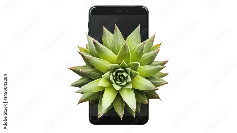 Poster smartphone screen with a close-up view of a succulent plant as the background image. the image highl