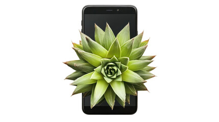 Smartphone screen with a close-up view of a succulent plant as the background image.  The image highlights a modern mobile phone with an aesthetically pleasing display.