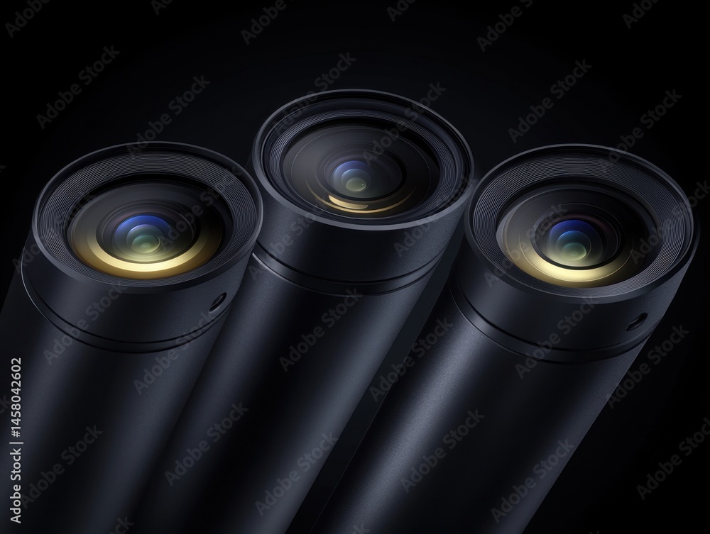 Poster three sleek black camera lenses pointing upward in a studio setting with dark background