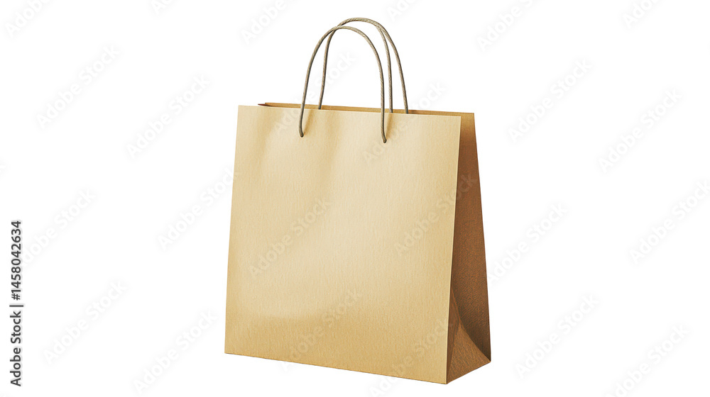 Poster digital rendering of a light brown paper shopping bag, featuring folded sides and metal handles, aga
