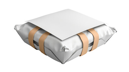 Digitally rendered, white package, secured with tan straps, creating a secure transport image.