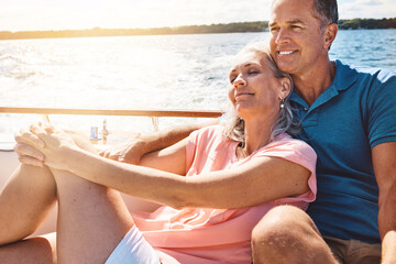 Boat, peace and travel with mature couple at sea together for holiday, getaway or vacation for anniversary. Cruise, relax or smile with happy man and woman on yacht for bonding, romance or voyage