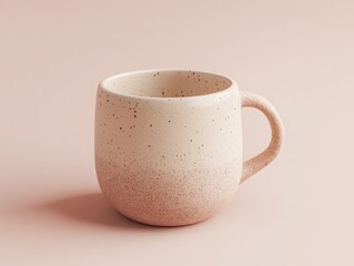 Close up of a speckled ceramic mug on a light pink background