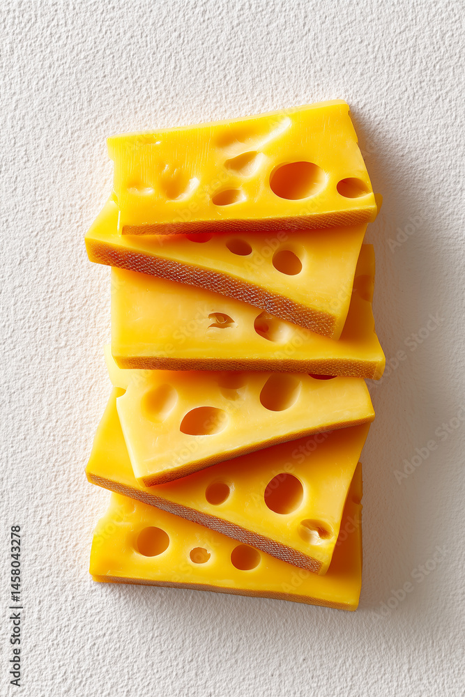 Poster stack of yellow cheese slices aligned in a clean minimalist style. bright white background emphasize