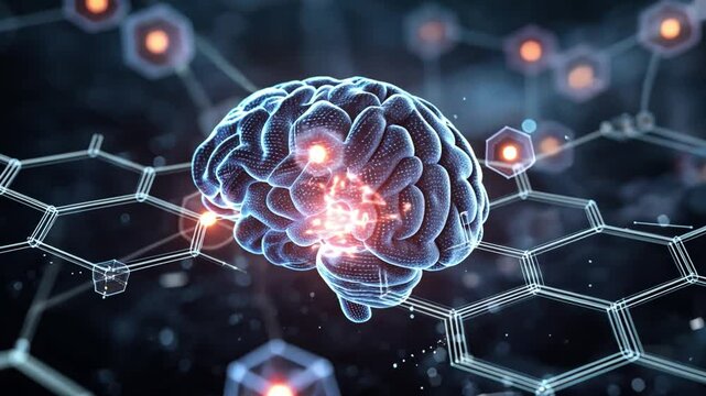 The Power Within: This image depicts a detailed, glowing illustration of a human brain, enmeshed within a complex network of interconnected hexagonal structures.