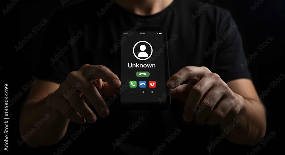 Poster dark phone screen displaying unknown caller id held by person in black background
