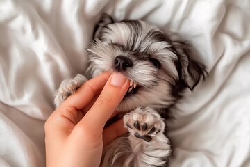 Playful Puppy Gently Biting Finger on White Blanket
