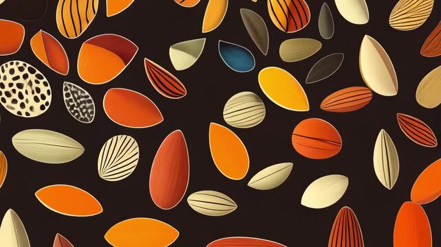 A contemporary geometric pattern showcasing various nuts and legumes, ideal for use in backgrounds, video or packaging designs. This stylish design combines shapes and colors.