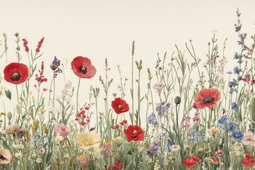 Obraz premium Watercolor Meadow with Poppies and Wildflowers on a Creamy Background for a Floral Border