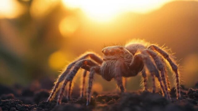 Hyper-realistic macro cinematic video of a Mauna Kea silversword wolf spider moving across volcanic ash at sunrise
