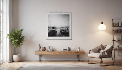 Stylish interior, poster hanging with clips on white wall,  flat,  wall art