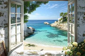 Coastal view from an antique white window. © Muhammad
