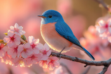 Detailed Bluebird Perched on Dewy Blossoms in Soft Morning Glow
