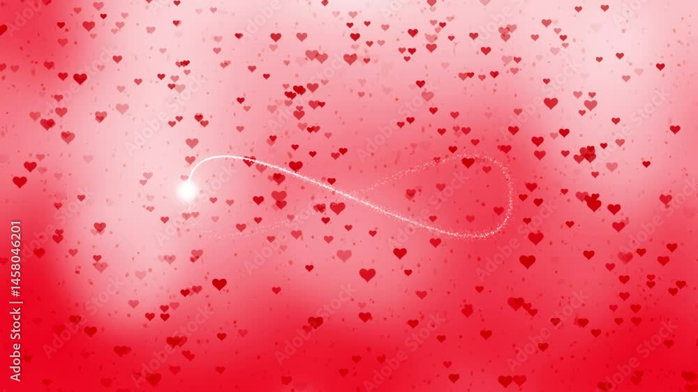Poster looping small heart shapes with infinity symbol motion on red animation background.