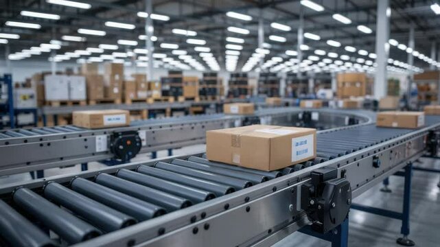 Computer engineering technology enhances warehouse automation with conveyor systems moving package boxes through organized storage for efficient