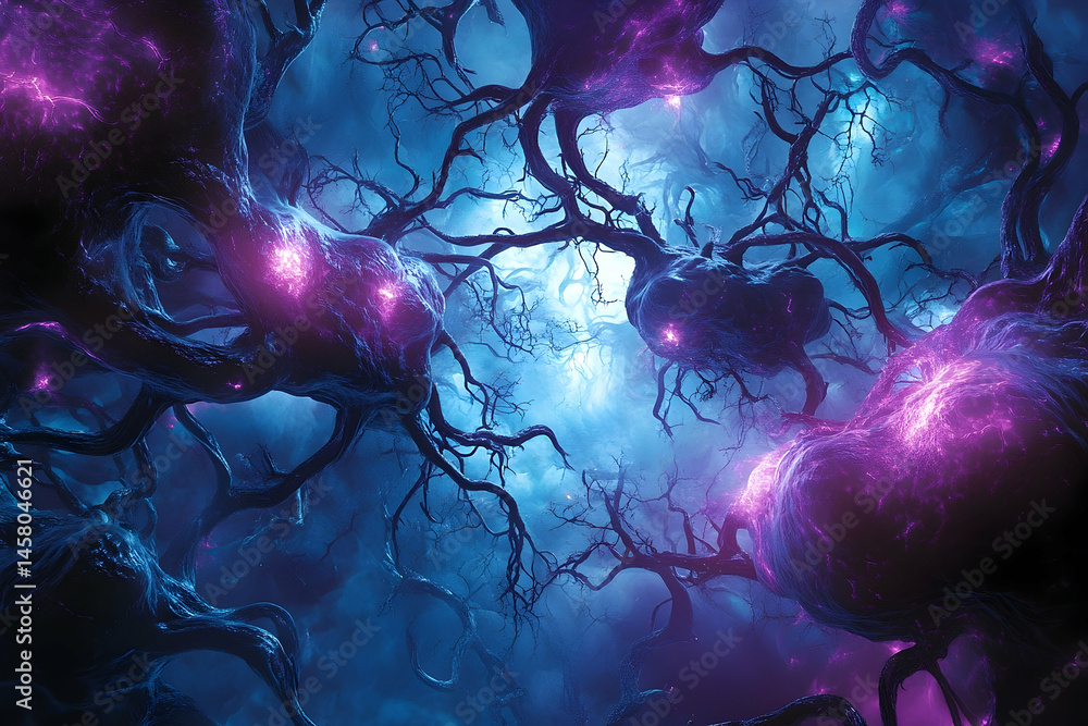 Poster mysterious, surreal space filled with glowing, branching structures.