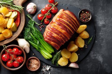 Roasted pork belly with potatoes and vegetables on a dark background delicious meal