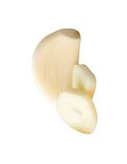 Top view of peeled garlic cloves with slices in stack isolated on white background with clipping path