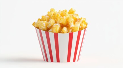 Golden french fries in a striped paper cup  A generous portion of golden, crispy fries,  drizzled with a light sauce,  are neatly arranged in a red and white striped paper cup