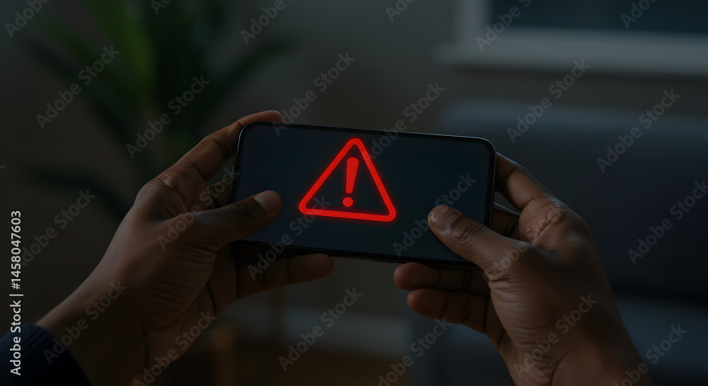 Poster hands holding phone displaying red exclamation point symbol with blurred background featuring plant 