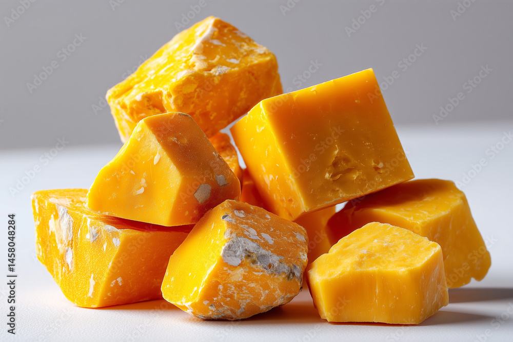 Poster dry aged cheese chunks are randomly arranged on a clean white surface highlighting texture and color