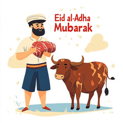 Festive illustration of Eid al-Adha celebration with butcher and cow illustration