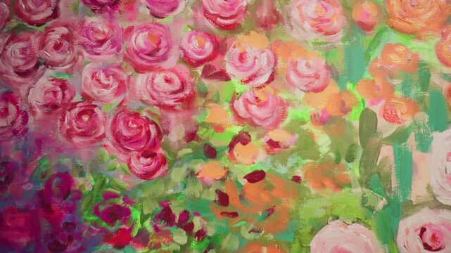 Colorful rose painting techniques revealing delicate brushstrokes creating vibrant floral artwork with soft movements depicting blooming garden textures in impressionist style
