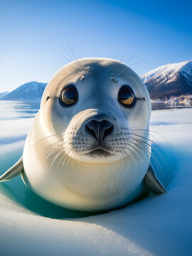 Baikal seal or Nerpa endemic of lake Baikal looking at the camera with huge clever eyes