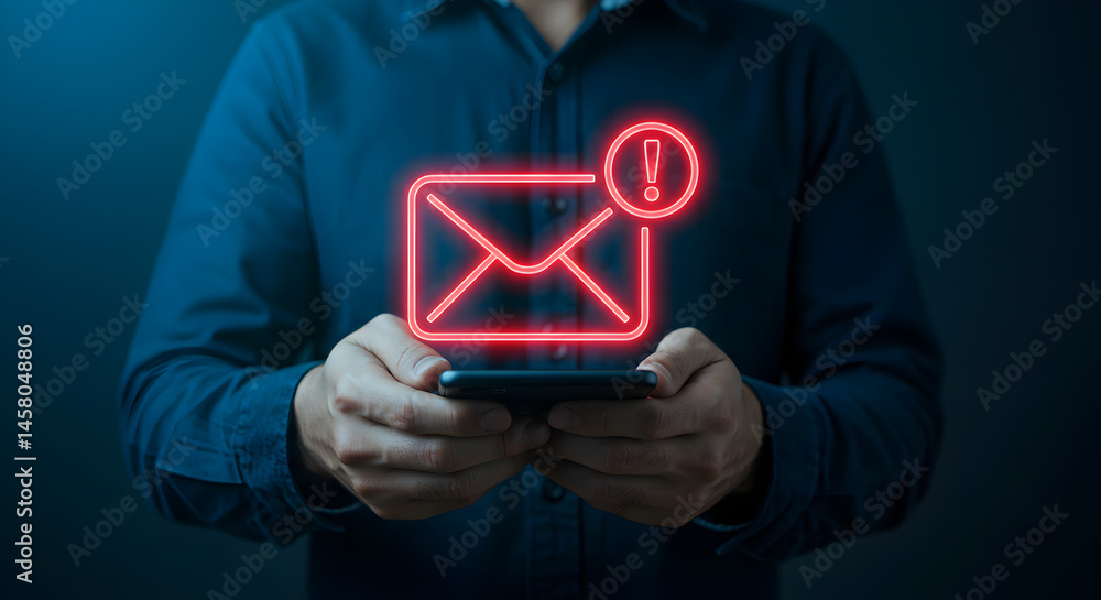 Poster man holds smartphone displaying red glowing email notification on dark blue backdrop