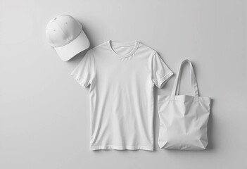 White t-shirt, baseball cap, tote bag, and crumpled paper on a plain white background.

