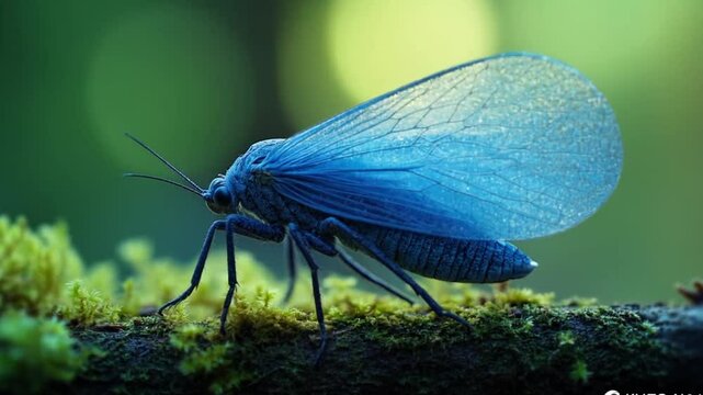 Hyper-detailed Macro of Blue Morph Planthopper Fluttering on Moss-covered Twig