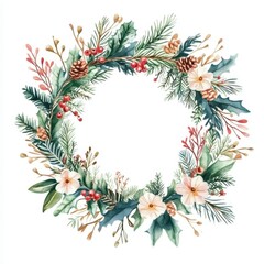 Elegant Christmas wreath with evergreen foliage, pinecones, berries, and white flowers.
