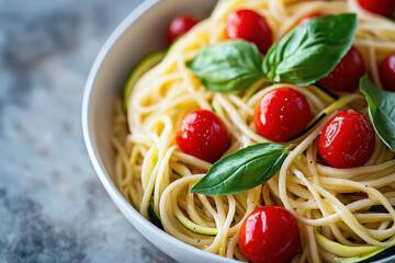 Delicious gluten free pasta with zucchini, tomatoes, and basil